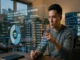 An analyst interacting with a glowing futuristic interface showing meme coin holder distribution, including a token breakdown donut chart, top 10 wallet rankings, percentage shares, and risk warning tags like Whale, Connected Funding, Contract Address, and Liquidity Pool.
