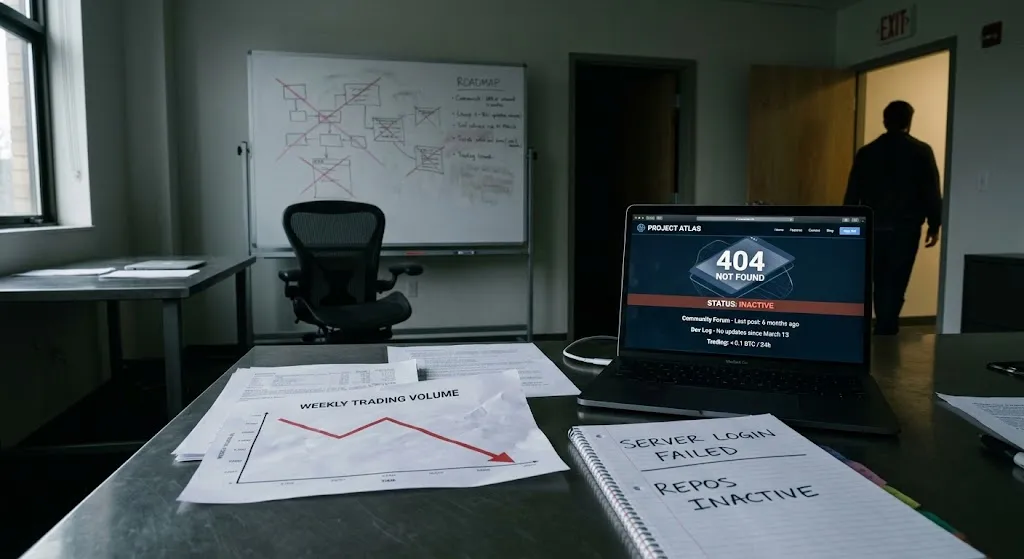 A dimly lit, abandoned startup office with a figure walking out the door. In the foreground, a laptop displays a "404 Not Found" error and "Status: Inactive" message alongside printed charts showing a sharp decline in trading volume.
