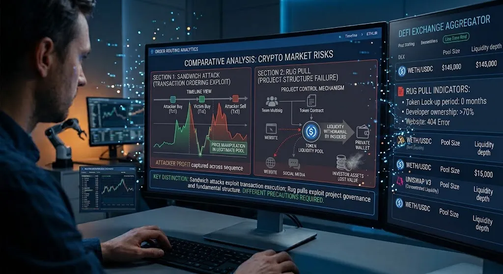 A realistic photograph of a crypto analyst working at a multi-monitor trading desk. The central curved monitor displays a detailed infographic titled "COMPARATIVE ANALYSIS: CRYPTO MARKET RISKS," which compares a "SANDWICH ATTACK (TRANSACTION ORDERING EXPLOIT)" to a "RUG PULL (PROJECT STRUCTURE FAILURE)." The infographic uses diagrams, timelines, and graphs to visualize how attackers manipulate transaction order on legitimate exchanges versus how project insiders withdraw liquidity and abandon a project. Side monitors display a "DEFI EXCHANGE AGGREGATOR" and a list of "RUG PULL INDICATORS."