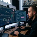 A DeFi trader working at a dual-monitor setup in a home office, with a main screen displaying a cryptocurrency trading user interface and an explicit visualization of a sandwich attack exploiting a victim trade.