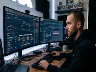 A DeFi trader working at a dual-monitor setup in a home office, with a main screen displaying a cryptocurrency trading user interface and an explicit visualization of a sandwich attack exploiting a victim trade.