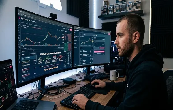 A DeFi trader working at a dual-monitor setup in a home office, with a main screen displaying a cryptocurrency trading user interface and an explicit visualization of a sandwich attack exploiting a victim trade.
