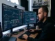 A DeFi trader working at a dual-monitor setup in a home office, with a main screen displaying a cryptocurrency trading user interface and an explicit visualization of a sandwich attack exploiting a victim trade.