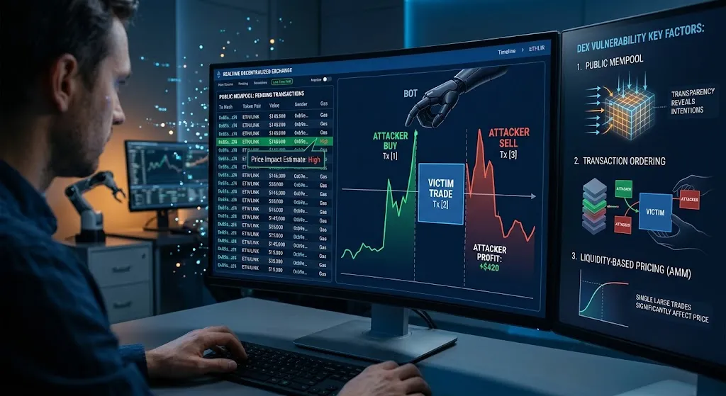 A realistic photo of a developer analyzing multi-monitor dashboard data showing a public blockchain mempool interface, transaction ordering pipelines, and automated bot activity explaining why decentralized exchanges are vulnerable to sandwich attacks.