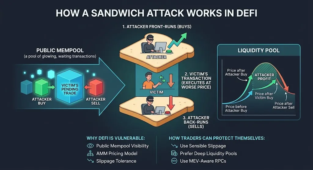 An educational infographic illustrating the three stages of a "sandwich attack" in decentralized finance (DeFi): front-running, the victim's transaction, and back-running. The infographic visualizes how attackers manipulate transactions in a public mempool to change the price of tokens in a liquidity pool to their advantage.