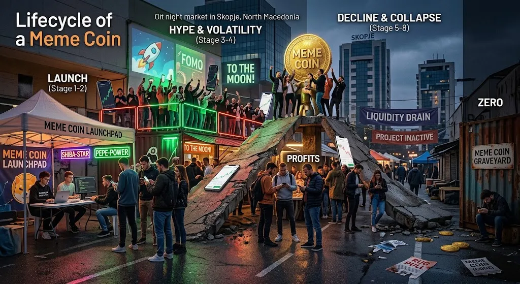 Infographic illustrating the typical lifecycle of a meme coin across key stages: token launch, viral social media hype, price explosion, profit taking, liquidity drain, and eventual collapse to zero.