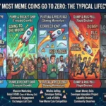 An infographic illustrating the 5 stages of a meme coin's lifecycle: Birth & Early Hype, Pump & Rocket Ship, Plateau & Red Flags, Dump & Rug Pull, and The End: To Zero.