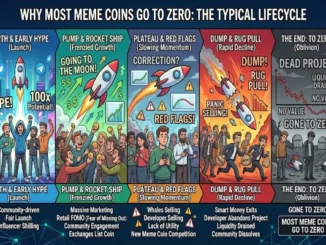 An infographic illustrating the 5 stages of a meme coin's lifecycle: Birth & Early Hype, Pump & Rocket Ship, Plateau & Red Flags, Dump & Rug Pull, and The End: To Zero.