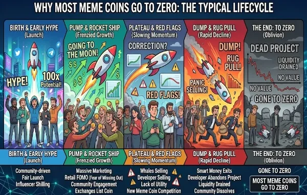 An infographic illustrating the 5 stages of a meme coin's lifecycle: Birth & Early Hype, Pump & Rocket Ship, Plateau & Red Flags, Dump & Rug Pull, and The End: To Zero.