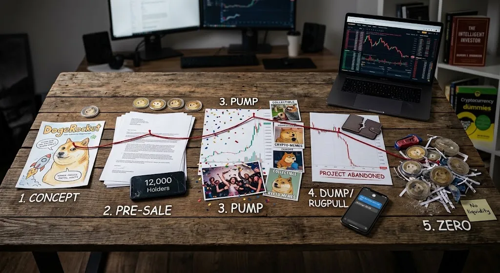 An overhead photo of a wooden desk featuring a step-by-step physical infographic timeline illustrating the lifecycle of a 'meme coin' cryptocurrency named 'DogeRocket.' A red string connects five pinned stages: 1. Concept (DogeRocket drawing with rocket), 2. Pre-Sale (documents and phone displaying '12,000 Holders'), 3. Pump (candlestick chart showing growth with confetti and celebratory images), 4. Dump / Rugpull (chart showing steep crash, 'PROJECT ABANDONED' text, torn wallet, and phone), and 5. Zero (shredded DogeRocket coins in a shredder and a 'No liquidity' sticky note). The background shows computers with charts and copies of 'The Intelligent Investor' and 'Cryptocurrency for Dummies.'