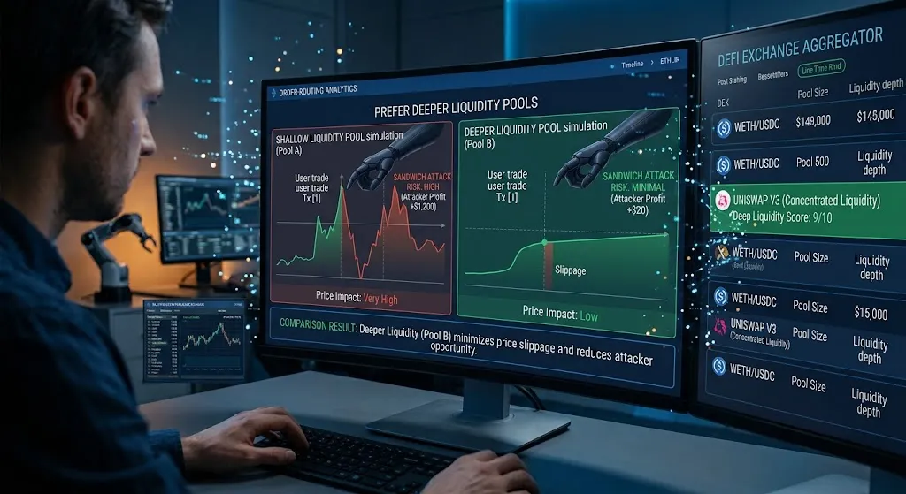 A realistic photo of a trader reviewing a multi-screen DeFi analytics dashboard comparing price impact and sandwich attack risks between shallow and deep liquidity pools.