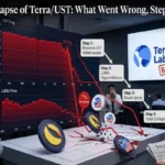 A financial trading control room displaying monitors with plummeting charts for UST and LUNA, illustrating the step-by-step death spiral of Terra/UST.