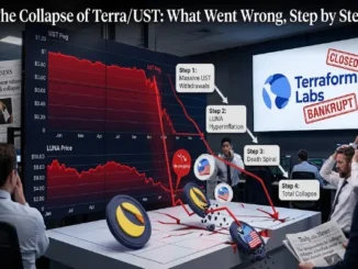 A financial trading control room displaying monitors with plummeting charts for UST and LUNA, illustrating the step-by-step death spiral of Terra/UST.