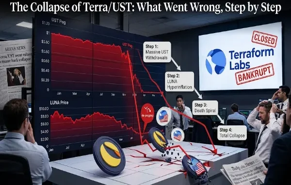 A financial trading control room displaying monitors with plummeting charts for UST and LUNA, illustrating the step-by-step death spiral of Terra/UST.