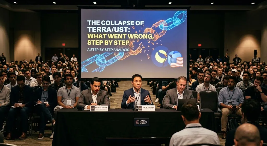 A realistic photo of a panel discussion at a crypto conference with a large screen in the background displaying a presentation titled "The Collapse of Terra/UST: What Went Wrong, Step by Step." Three panelists sit at a head table with microphones, presenting to a large audience seated in an auditorium.