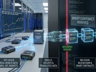 A realistic infographic diagram set in a server room, illustrating how a blockchain oracle connects off-chain real-world data to on-chain smart contracts. On the left, a "Blockchain Oracle" device pulls live weather and stock price data from external sources and transmits it through a digital pipeline to a chain of transparent blockchain blocks on the right. A green laser line is labeled "Data Input Verified," confirming the contract execution.